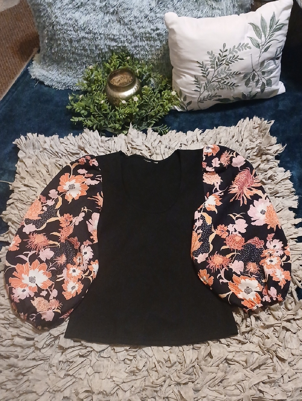 dolan Black Top with Floral Puff Sleeves in Peach and Pink